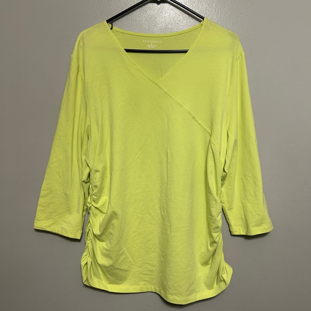 Appleseed's Top Women XL Lime Green Ruched Faux Wrap 3/4 Sleeve Modern Preppy